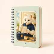 Mint spiral notebook with Dad Cat checking a household repair list beside a toolbox