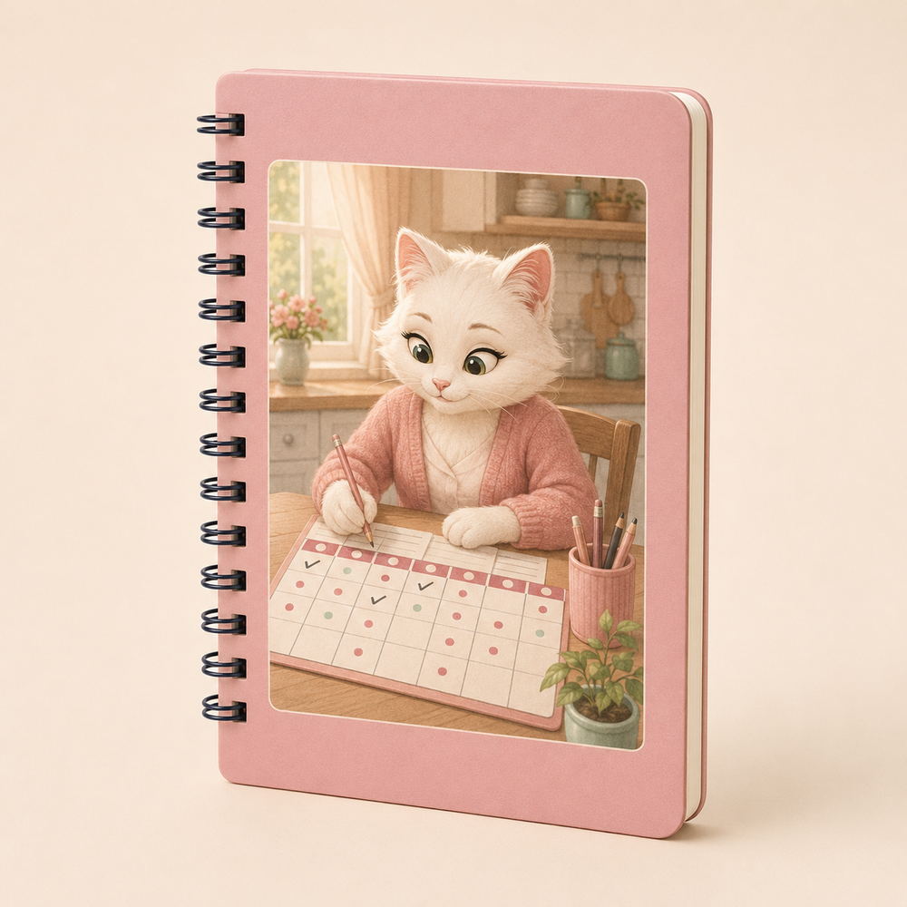 Dusty rose spiral notebook with Mom Cat organizing a weekly family planner at the kitchen table