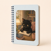 Black Kitten Quiet Thoughts Spiral Notebook featuring original Little Movie Moments artwork by The Fluffy Fam