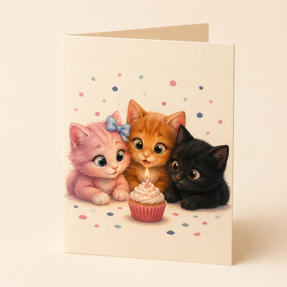Cream folded greeting card with Pink, Orange and Black Kitten leaning toward one birthday candle