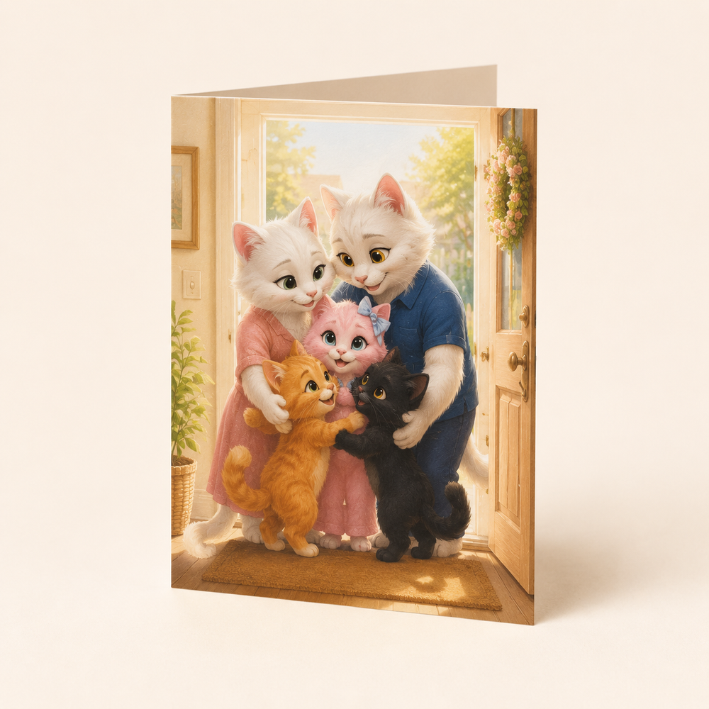 Cream folded greeting card with the whole Fluffy Fam sharing a bright welcome-home embrace at the front door
