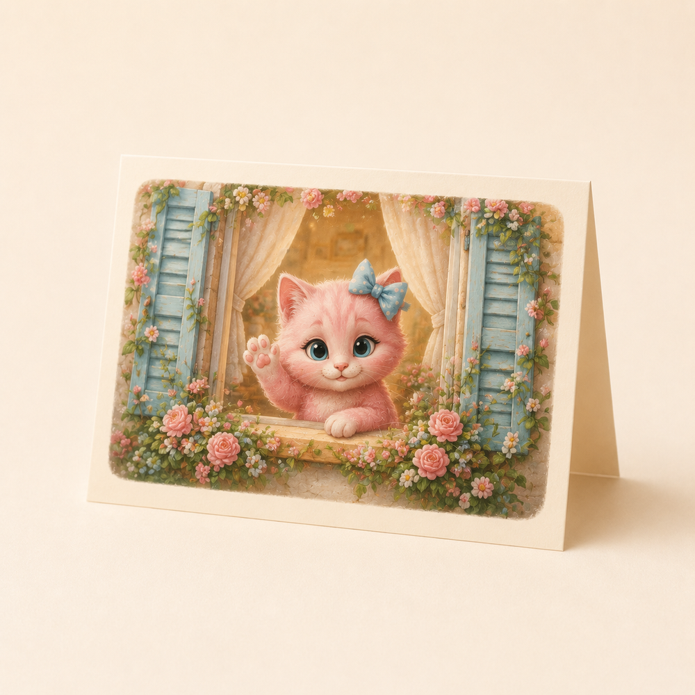 Thinking of You Window Wave Greeting Card featuring original Little Movie Moments artwork by The Fluffy Fam