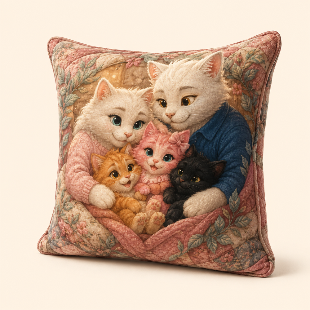 Square throw pillow showing the whole Fluffy Fam gathered in a centered family cuddle
