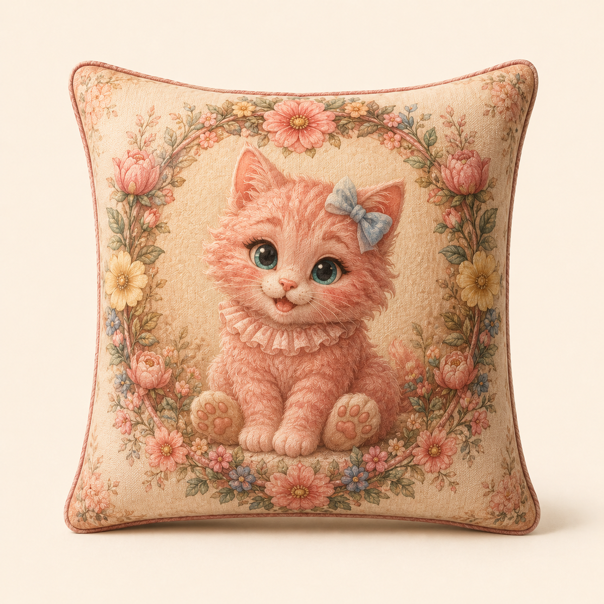Pink Kitten Bow Portrait Throw Pillow featuring original Little Movie Moments artwork by The Fluffy Fam