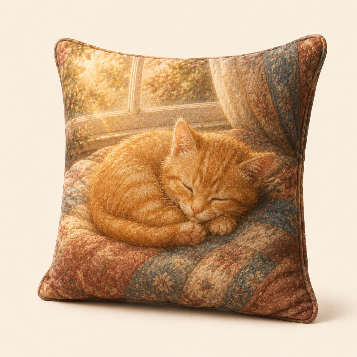 Orange Kitten Sunbeam Nap Throw Pillow featuring original Little Movie Moments artwork by The Fluffy Fam