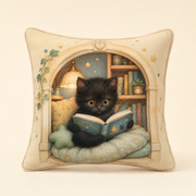 Black Kitten Book Nook Throw Pillow featuring original Little Movie Moments artwork by The Fluffy Fam
