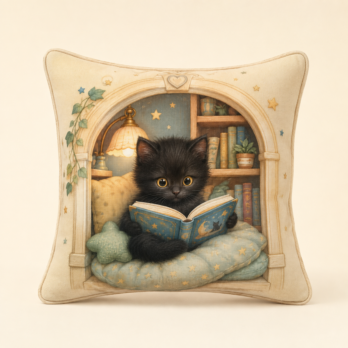 Black Kitten Book Nook Throw Pillow featuring original Little Movie Moments artwork by The Fluffy Fam