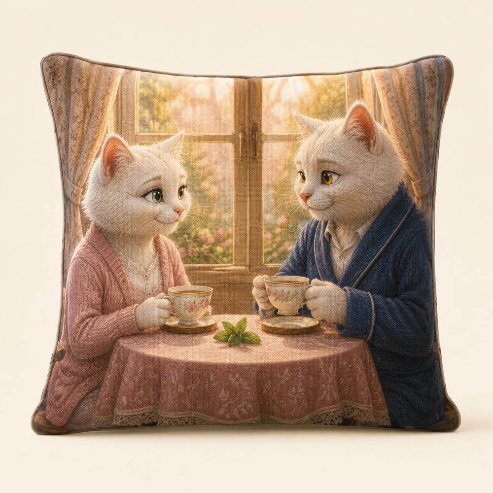 Square throw pillow showing Mom Cat and Dad Cat sharing tea at a quiet table