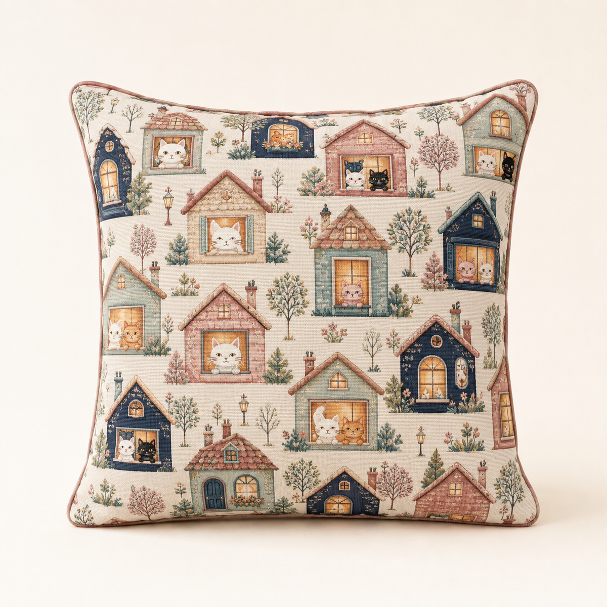Little House Repeat Pattern Throw Pillow featuring original Little Movie Moments artwork by The Fluffy Fam
