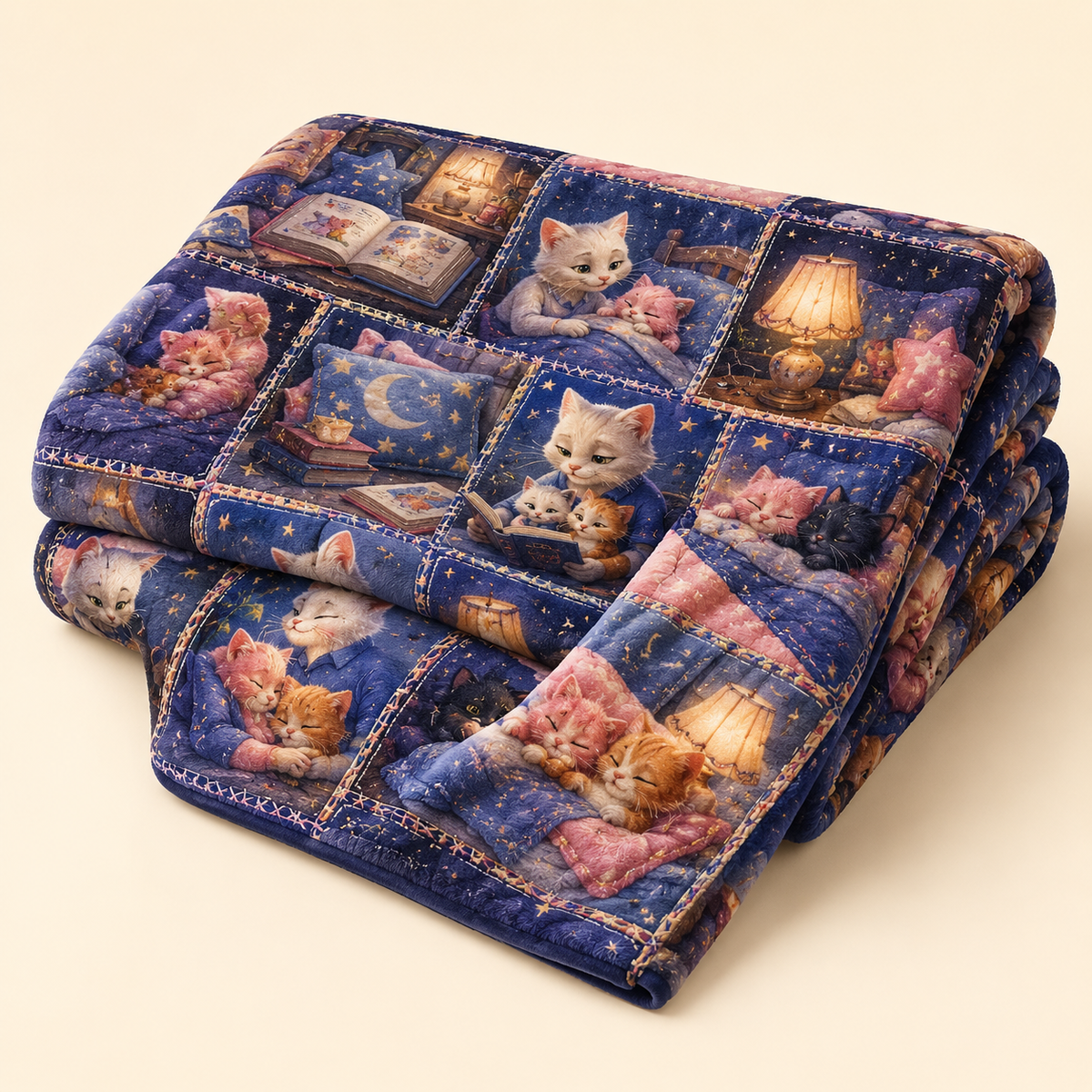 Folded fleece blanket with bedtime patchwork scenes of books, pillows, lamps and sleepy cats