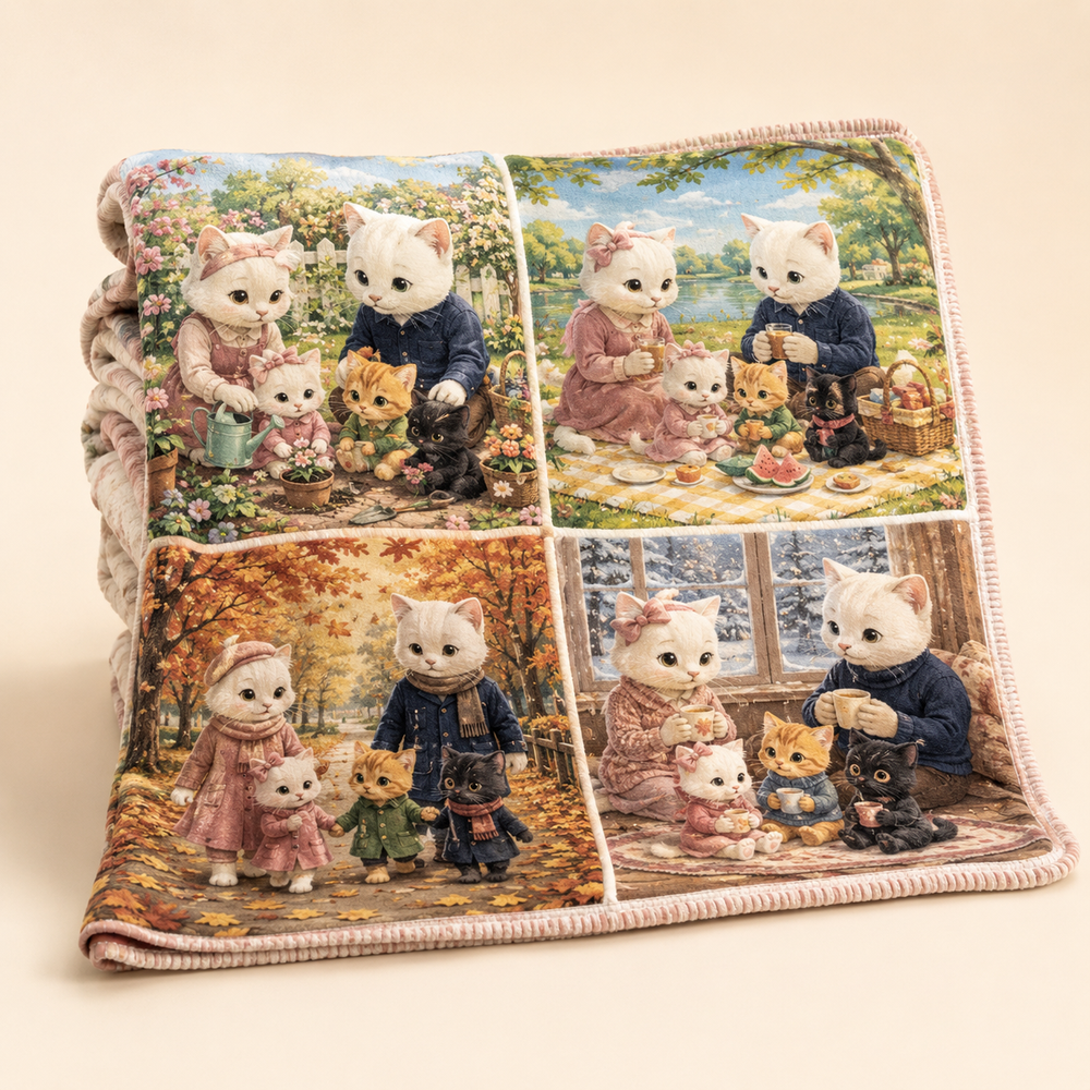 Four Seasons Family Quilt Fleece Blanket featuring original Little Movie Moments artwork by The Fluffy Fam