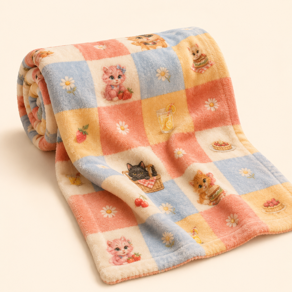 Rolled fleece blanket with a soft picnic check hiding food, flowers and kitten scenes