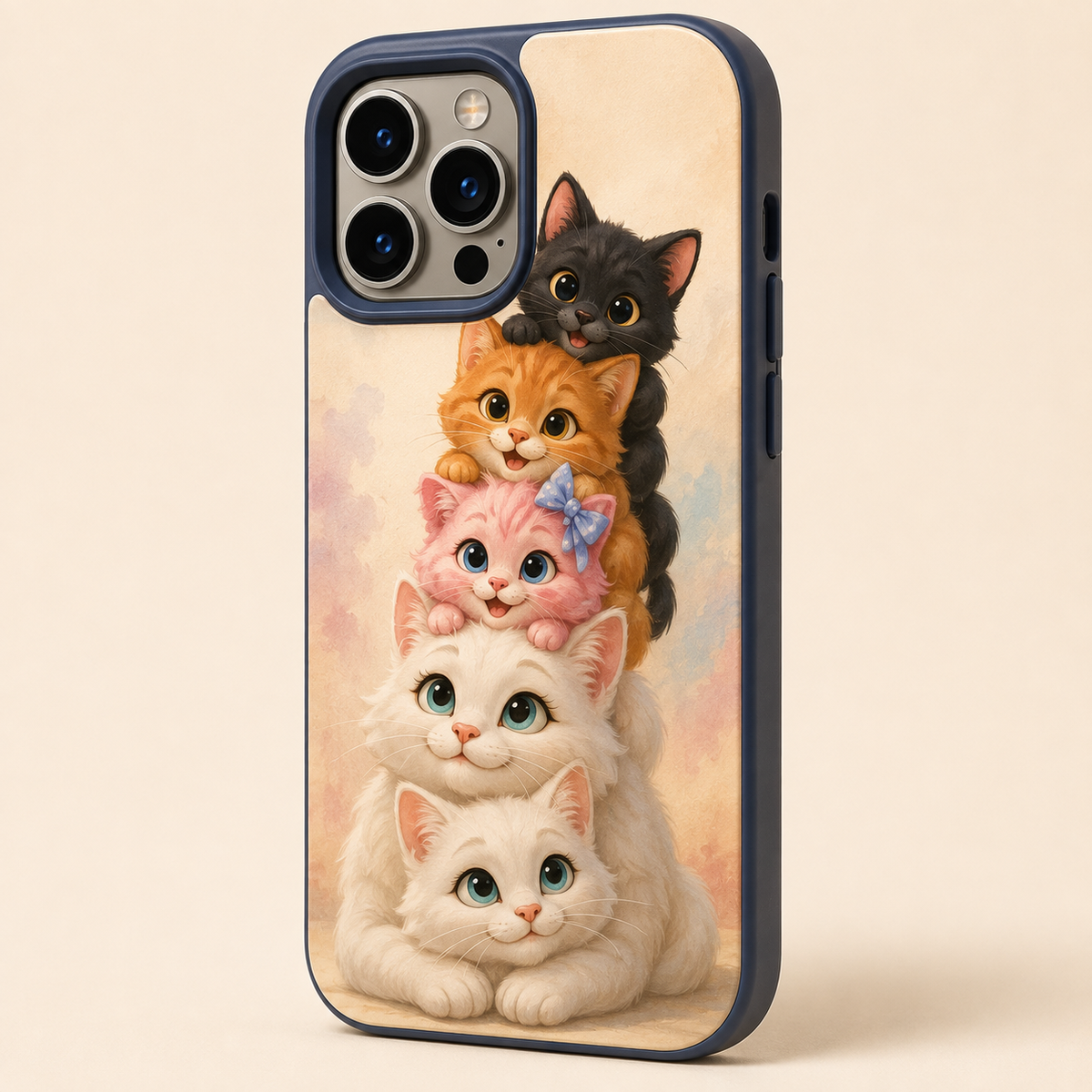 Navy-edged tough phone case with a camera-safe vertical portrait of the five Fluffy Fam cats
