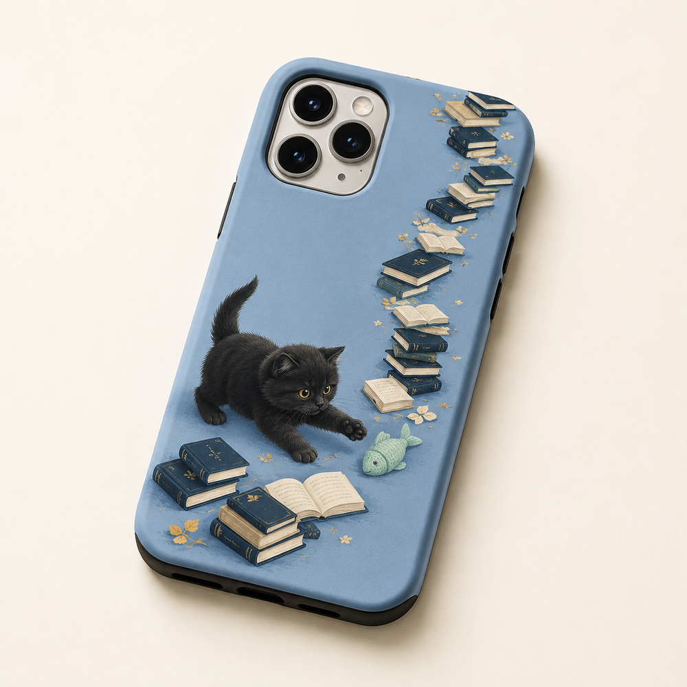 Black Books & Fish Toy Tough Phone Case featuring original Little Movie Moments artwork by The Fluffy Fam