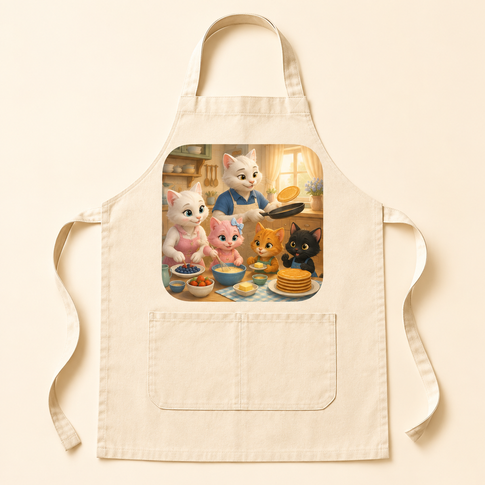 Natural cream apron printed with the whole Fluffy Fam working together on a cheerful pancake breakfast