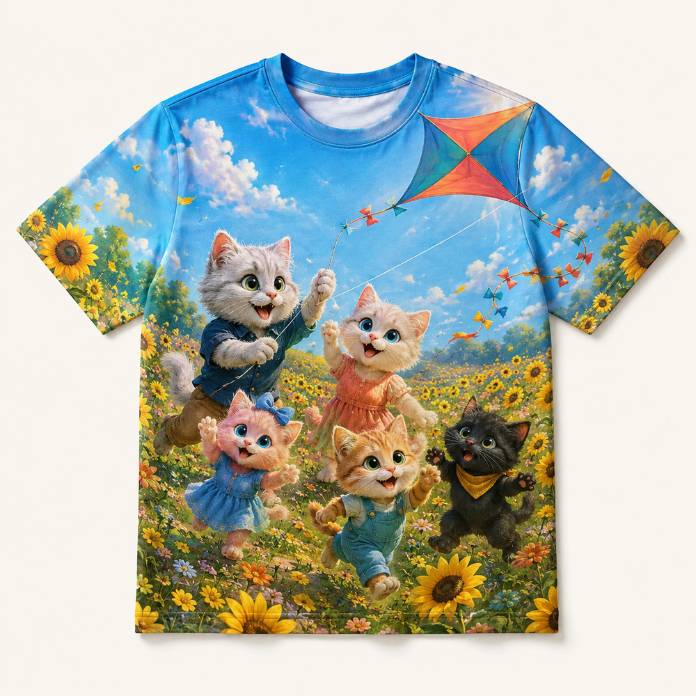Sunflower Kite Chase All-Over Print T-Shirt — bright full-color The Fluffy Fam story scene