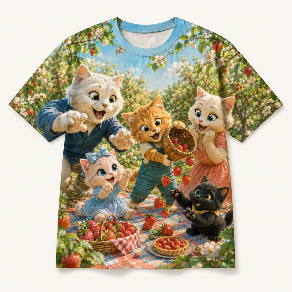 Garden Picnic Dash All-Over Print T-Shirt — bright full-color The Fluffy Fam story scene