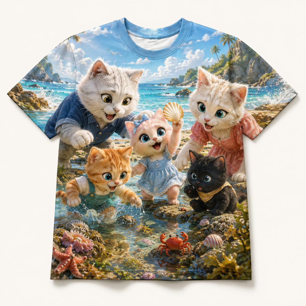 Seaside Shell Hunt All-Over Print T-Shirt — bright full-color The Fluffy Fam story scene