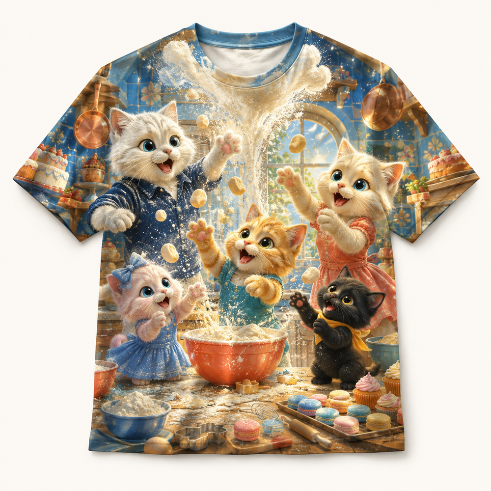 Golden Kitchen Surprise All-Over Print T-Shirt — bright full-color The Fluffy Fam story scene
