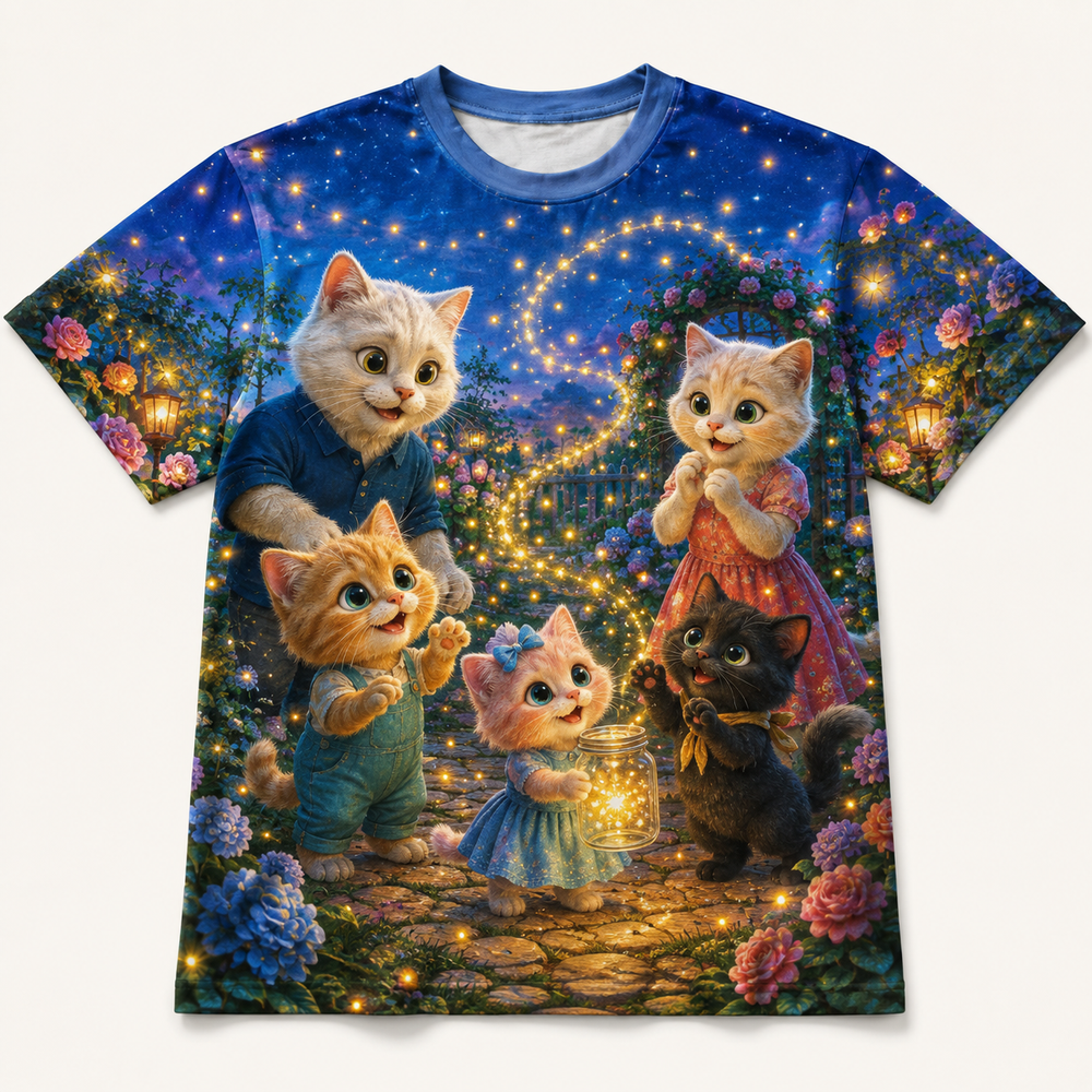 Starlight Garden Gathering All-Over Print T-Shirt — bright full-color The Fluffy Fam story scene