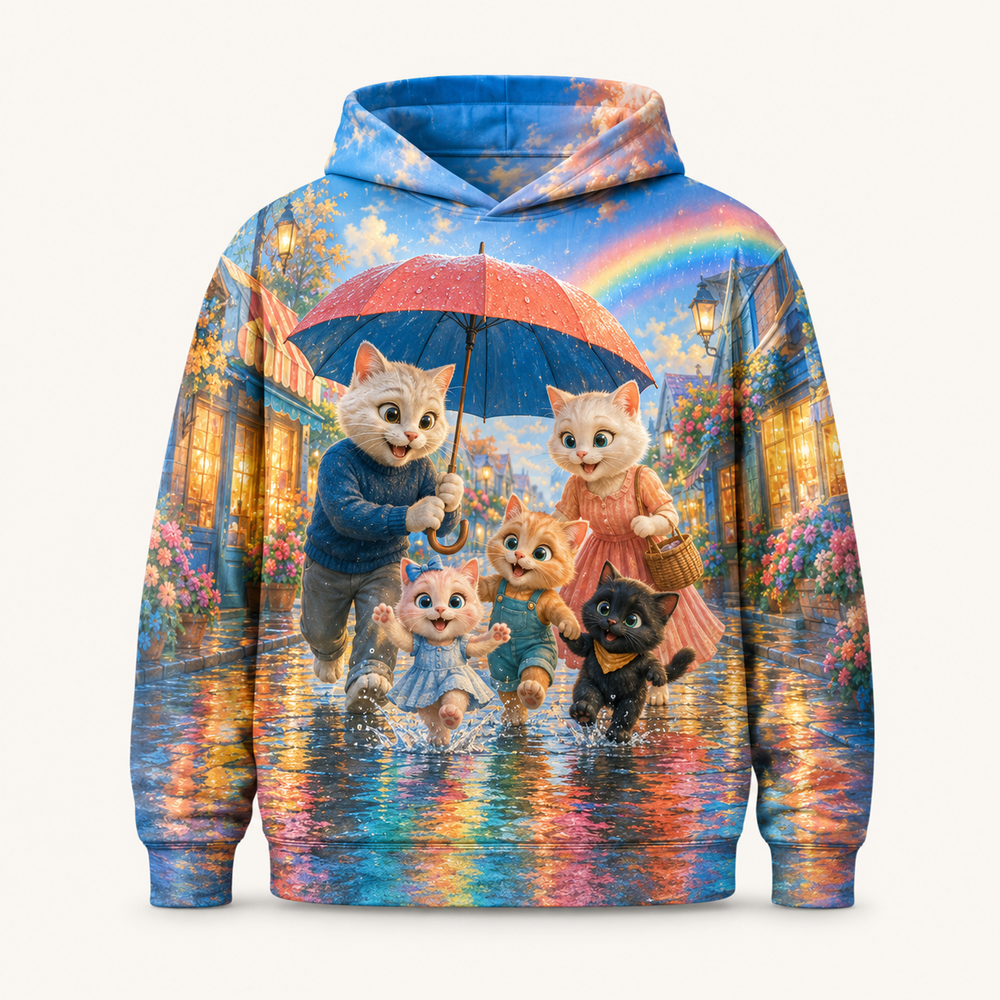 Umbrella Glow Walk All-Over Print Hoodie — bright full-color The Fluffy Fam story scene