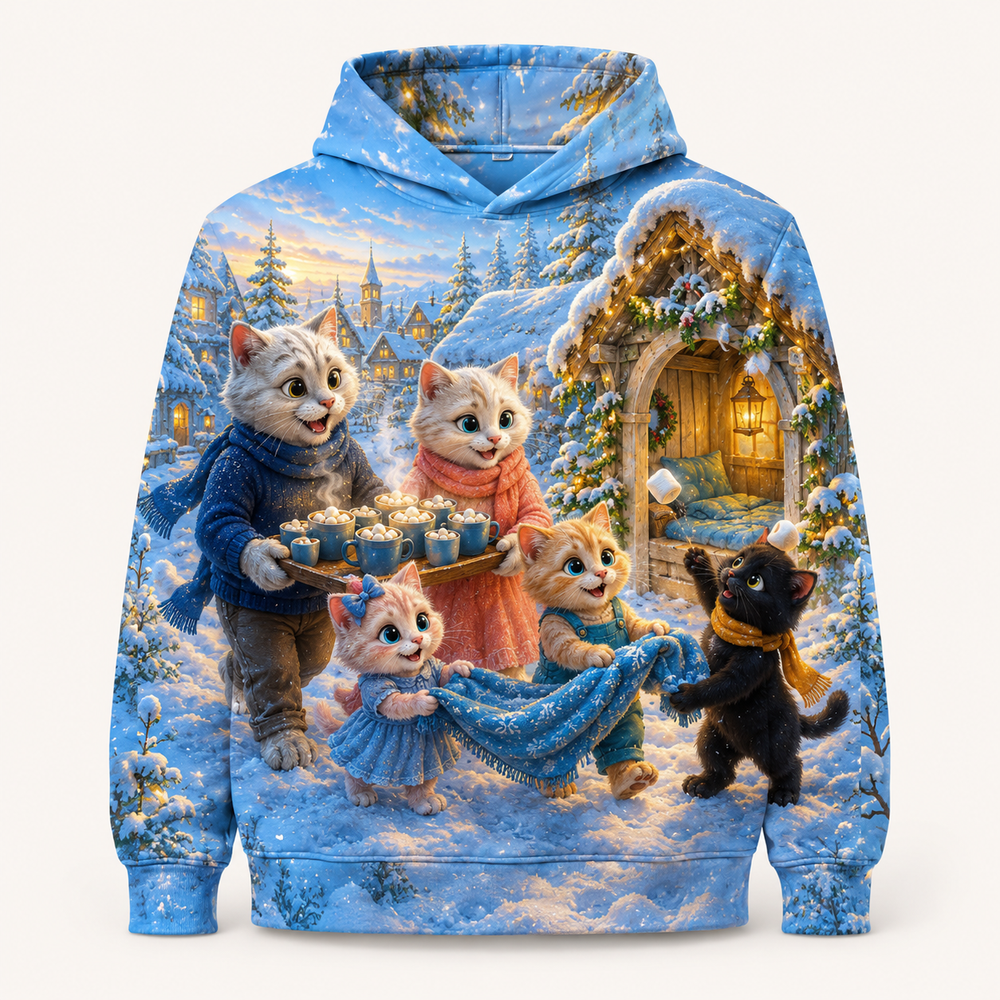 Snowy Cottage Cocoa All-Over Print Hoodie — bright full-color The Fluffy Fam story scene
