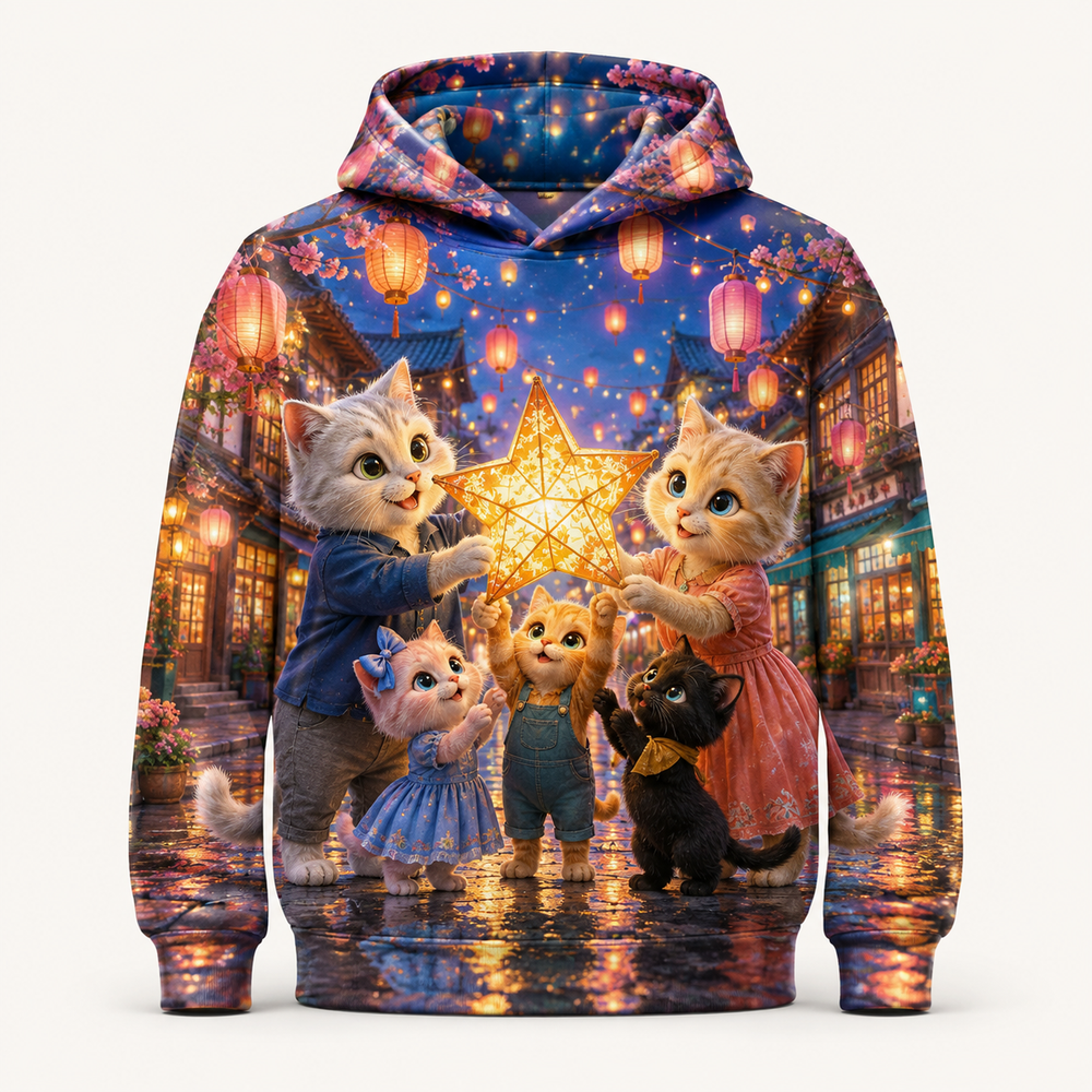 Lantern Parade Wish All-Over Print Hoodie — bright full-color The Fluffy Fam story scene