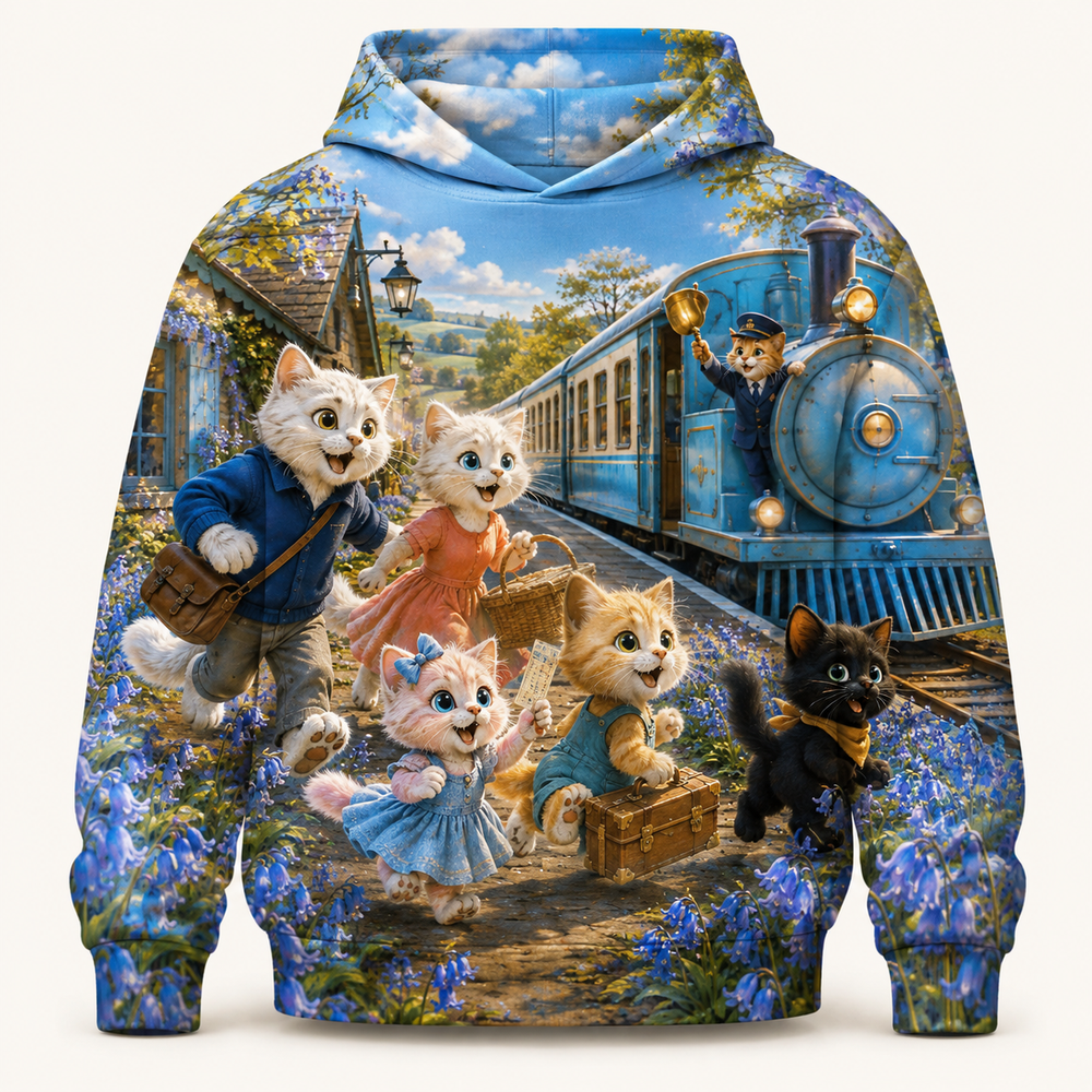 Bluebell Train Adventure All-Over Print Hoodie — bright full-color The Fluffy Fam story scene