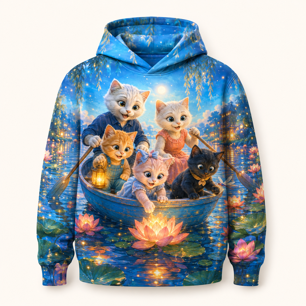 Moonlit Lotus Boat All-Over Print Hoodie — bright full-color The Fluffy Fam story scene