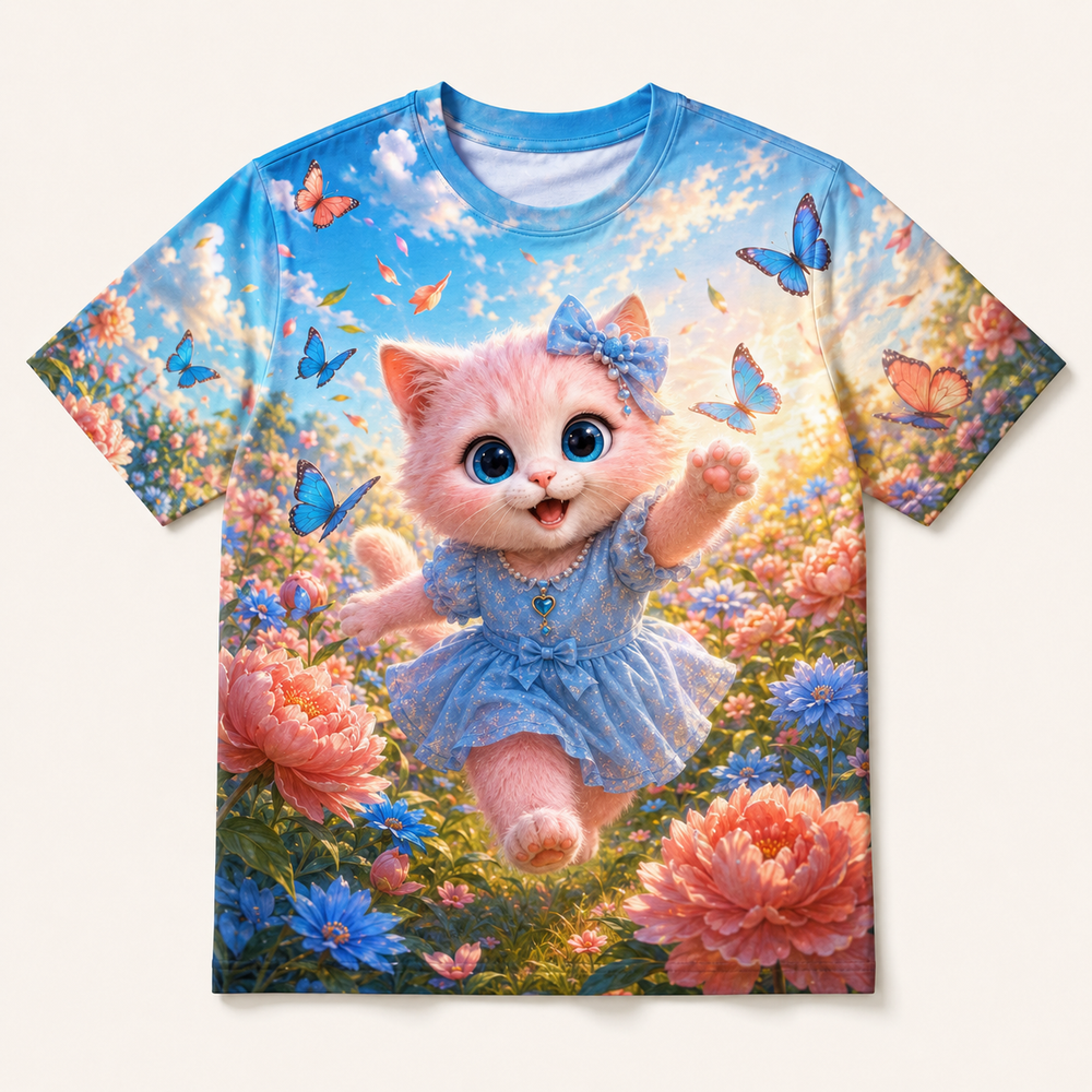 Butterfly Garden Sprint All-Over Print T-Shirt — bright full-color The Fluffy Fam story scene