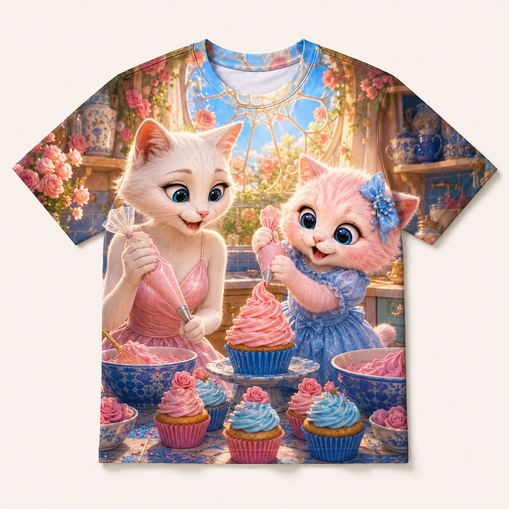 Rose Window Cupcakes All-Over Print T-Shirt — bright full-color The Fluffy Fam story scene