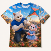 Rooftop Kite Repair All-Over Print T-Shirt — bright full-color The Fluffy Fam story scene