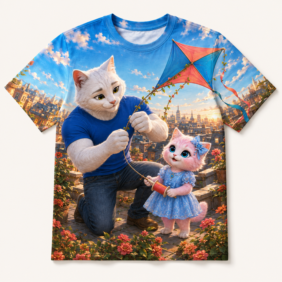 Rooftop Kite Repair All-Over Print T-Shirt — bright full-color The Fluffy Fam story scene
