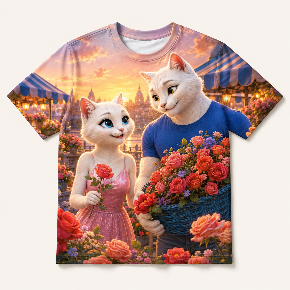 Sunset Flower Market All-Over Print T-Shirt — bright full-color The Fluffy Fam story scene