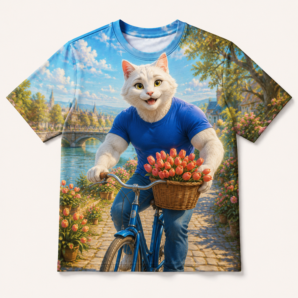 Blue Bicycle Morning All-Over Print T-Shirt — bright full-color The Fluffy Fam story scene