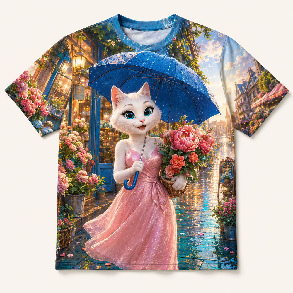 Rainy Flower Shop All-Over Print T-Shirt — bright full-color The Fluffy Fam story scene
