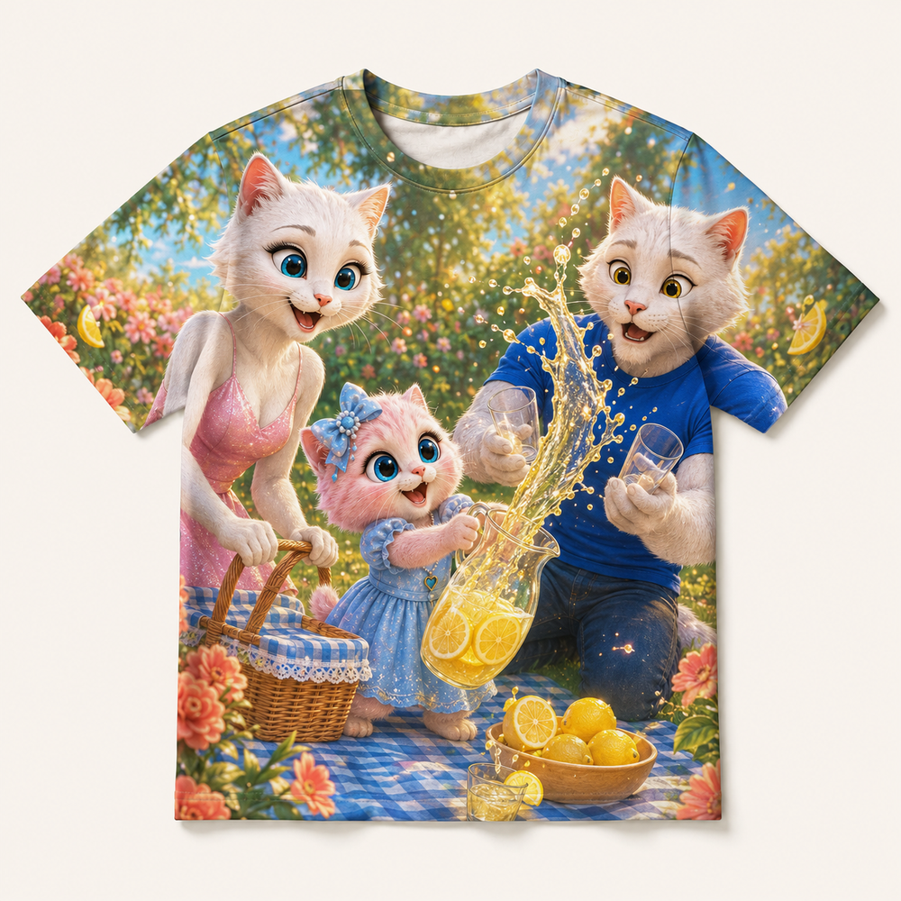 Lemonade Splash Picnic All-Over Print T-Shirt — bright full-color The Fluffy Fam story scene