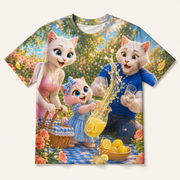 Lemonade Splash Picnic All-Over Print T-Shirt — bright full-color The Fluffy Fam story scene