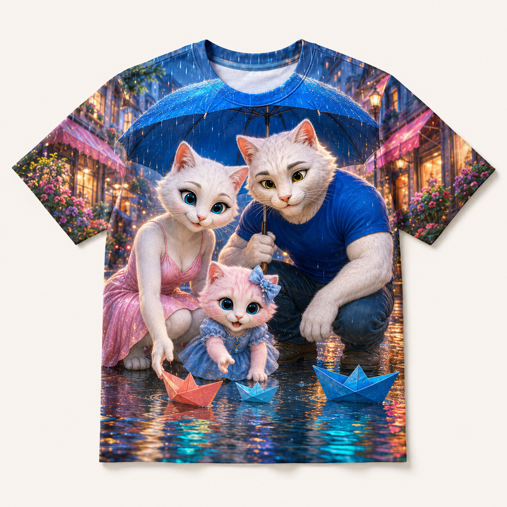 Paper Boat Rain All-Over Print T-Shirt — bright full-color The Fluffy Fam story scene