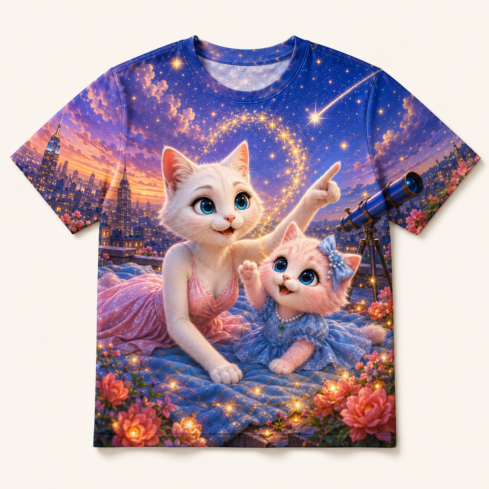 Stargazing Blanket All-Over Print T-Shirt — bright full-color The Fluffy Fam story scene