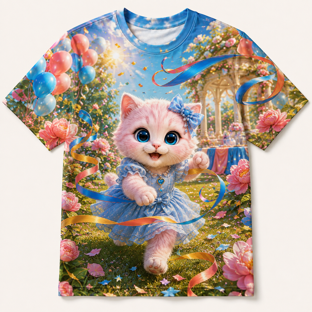 Birthday Ribbon Chase All-Over Print T-Shirt — bright full-color The Fluffy Fam story scene
