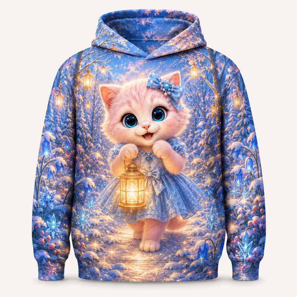 Bluebell Snow Lantern All-Over Print Hoodie — bright full-color The Fluffy Fam story scene