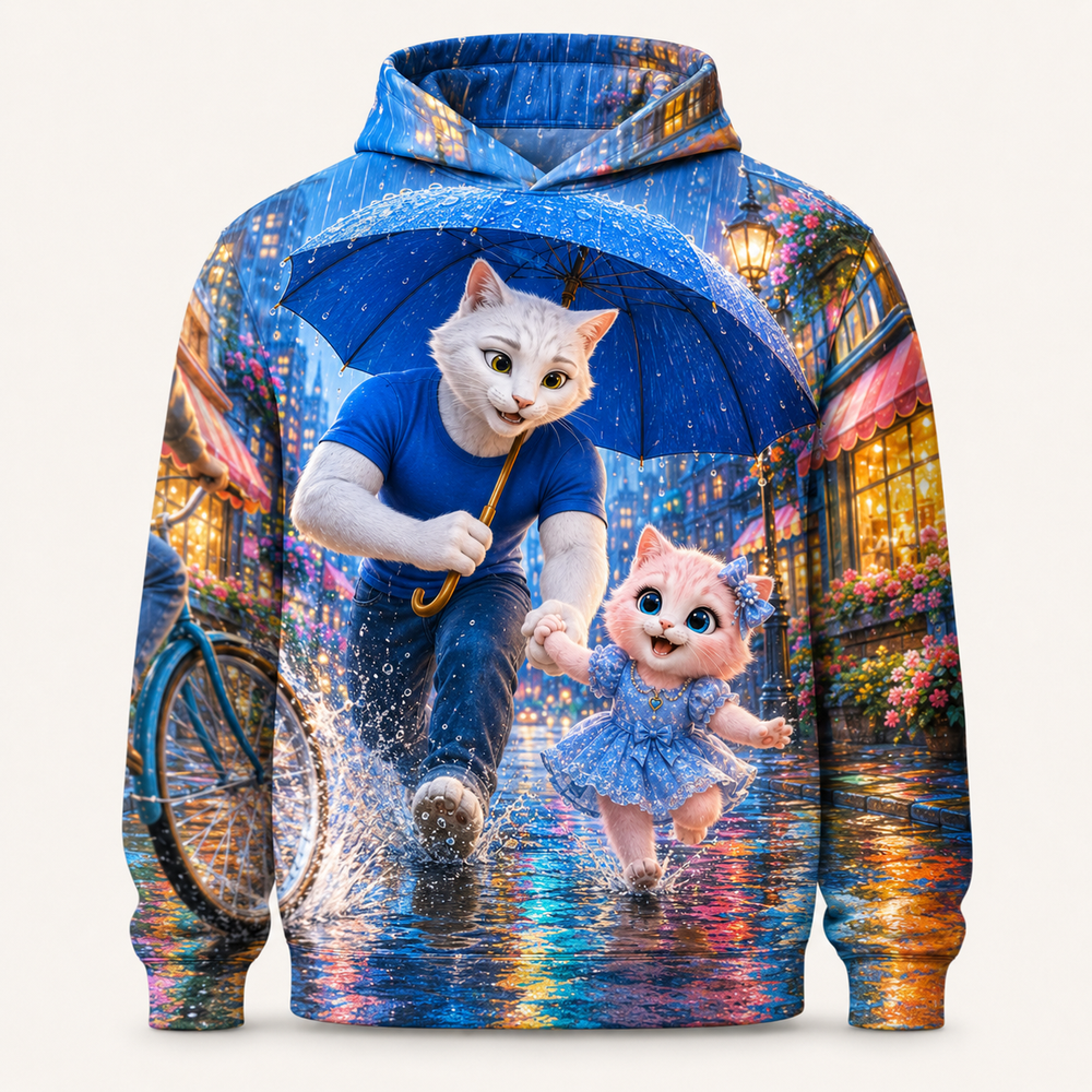 City Umbrella Rescue All-Over Print Hoodie — bright full-color The Fluffy Fam story scene