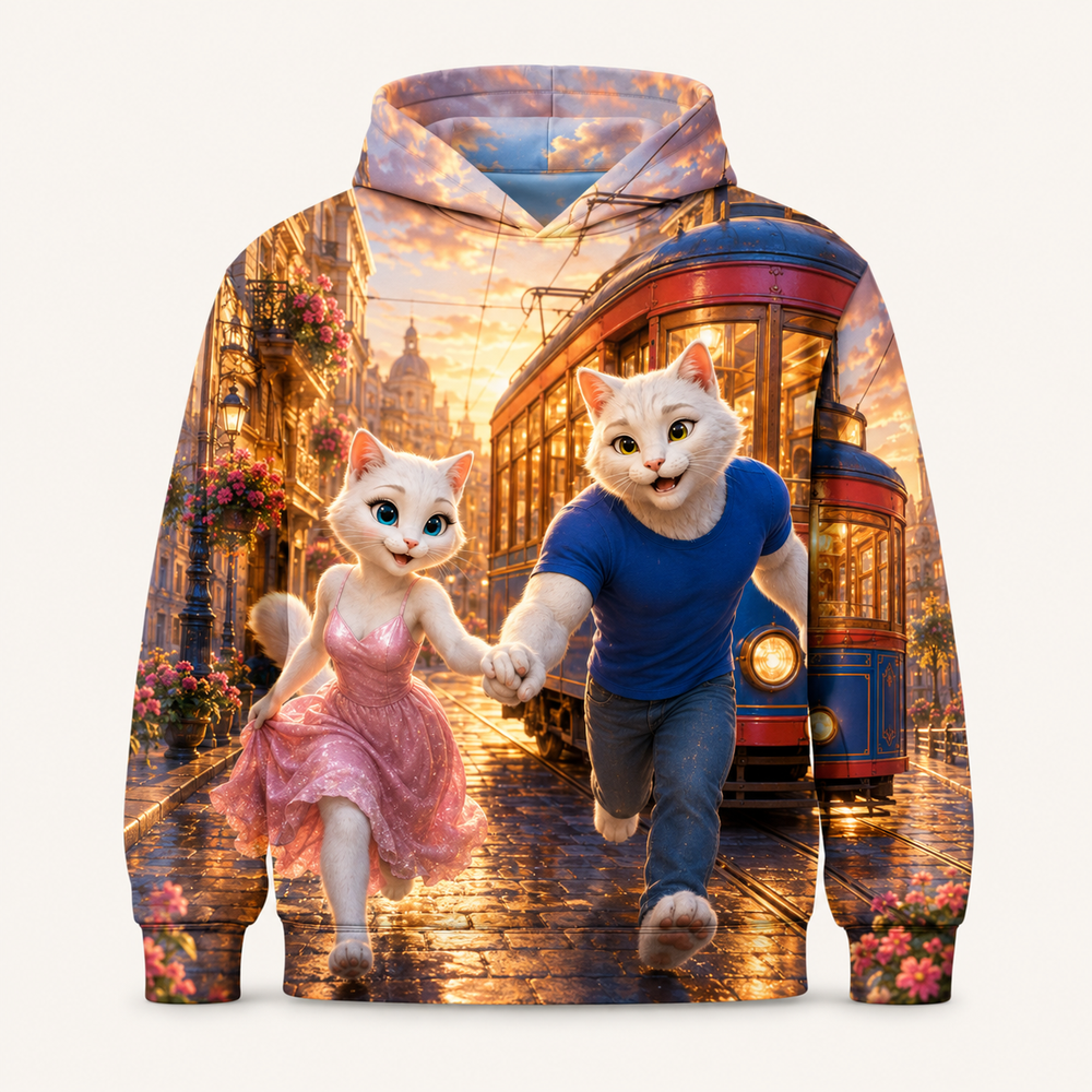 Golden Tram Evening All-Over Print Hoodie — bright full-color The Fluffy Fam story scene