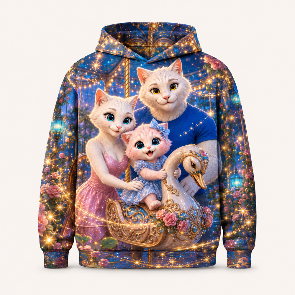 Firefly Carousel All-Over Print Hoodie — bright full-color The Fluffy Fam story scene
