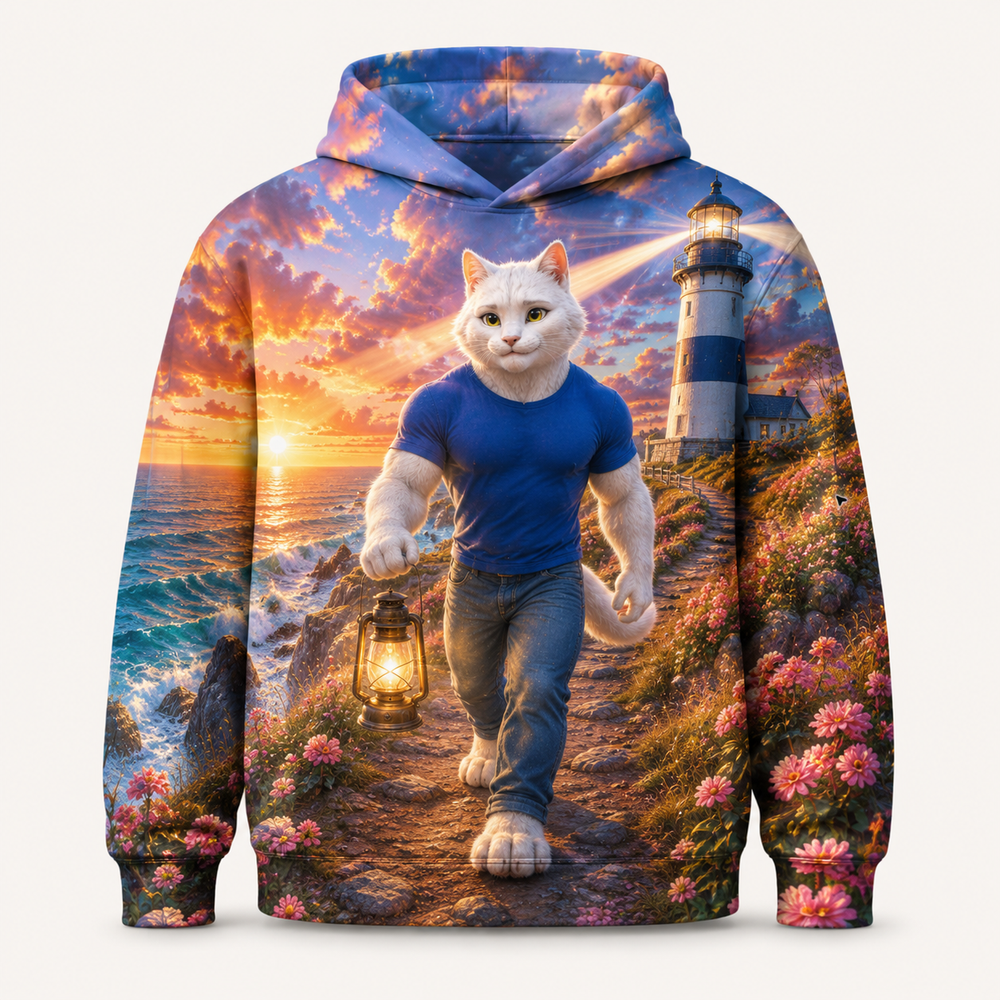 Coastal Lighthouse Walk All-Over Print Hoodie — bright full-color The Fluffy Fam story scene