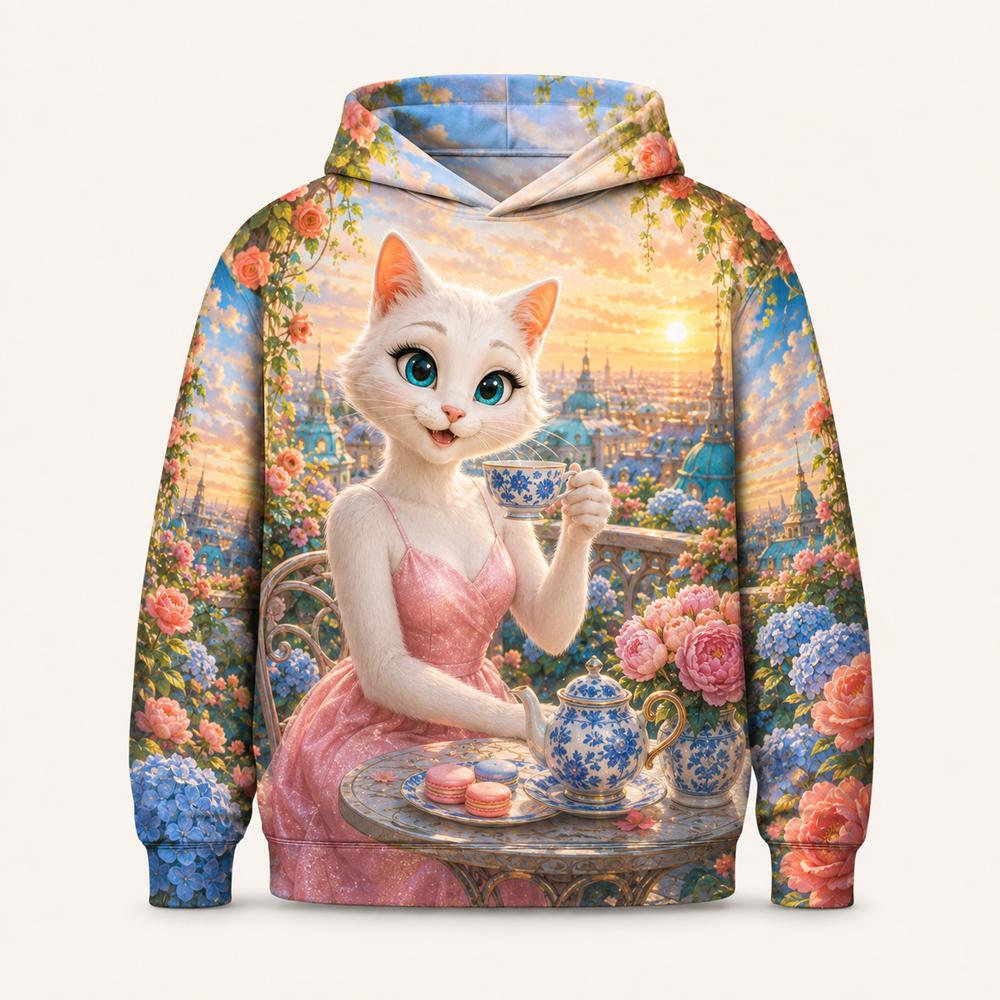 Spring Balcony Tea All-Over Print Hoodie — bright full-color The Fluffy Fam story scene
