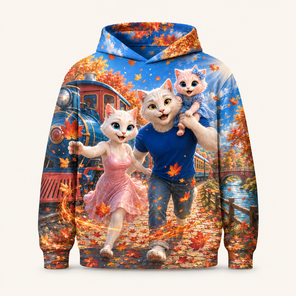 Autumn Leaf Train All-Over Print Hoodie — bright full-color The Fluffy Fam story scene