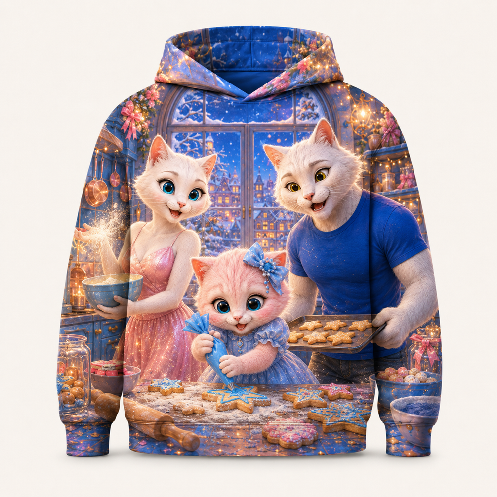 Winter Window Cookies All-Over Print Hoodie — bright full-color The Fluffy Fam story scene