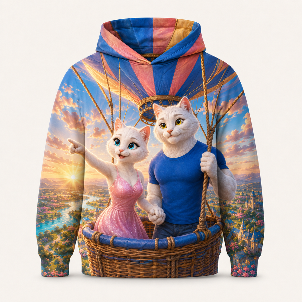 Dawn Balloon Flight All-Over Print Hoodie — bright full-color The Fluffy Fam story scene